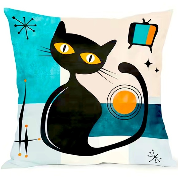 Queen Bee Boutique Other - 🆕Cute Mid-Century Modern Themed Linen Cat Pillow Covers- Single Cat with TV